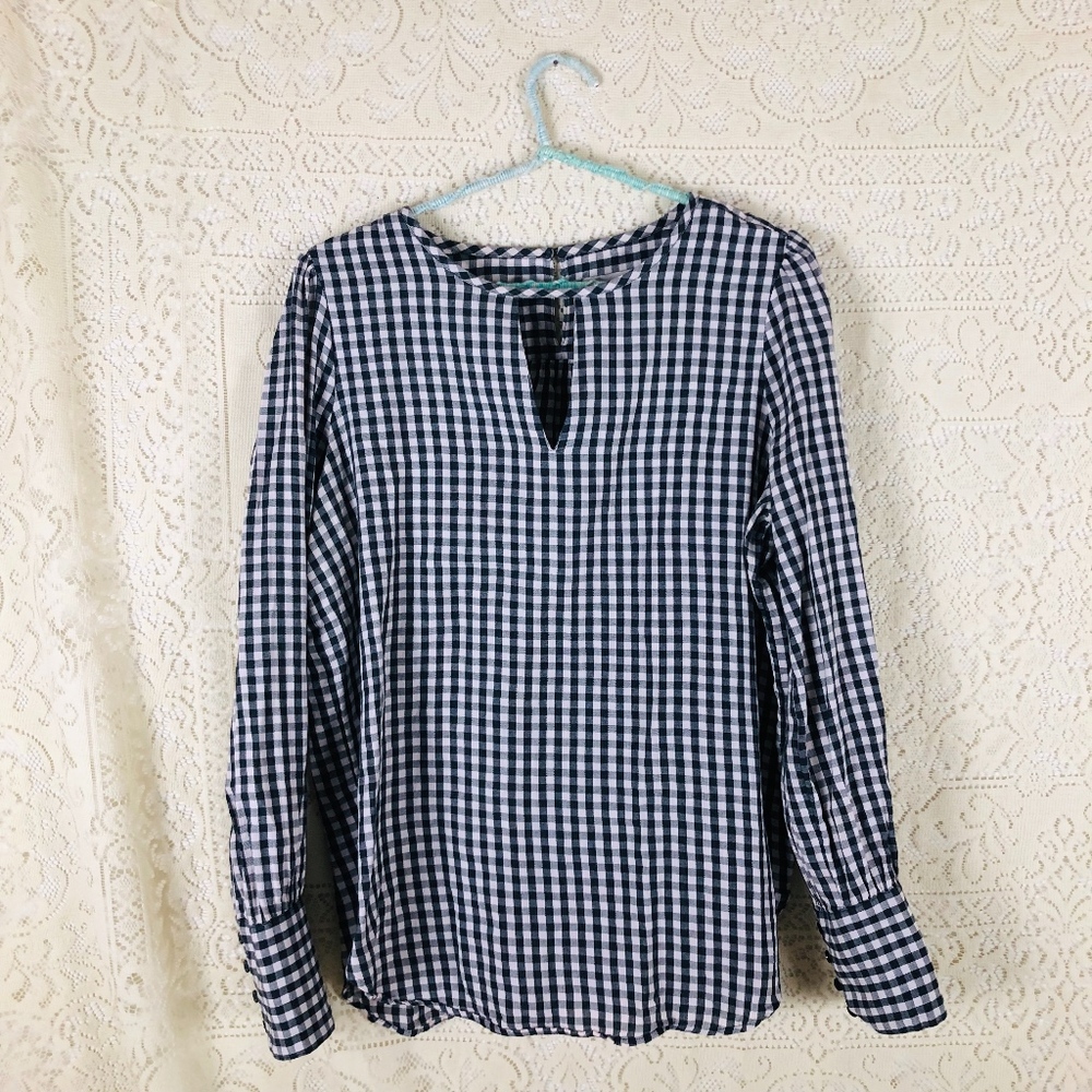 LOFT Wines Black and White Gingham Long Sleeve Blouse